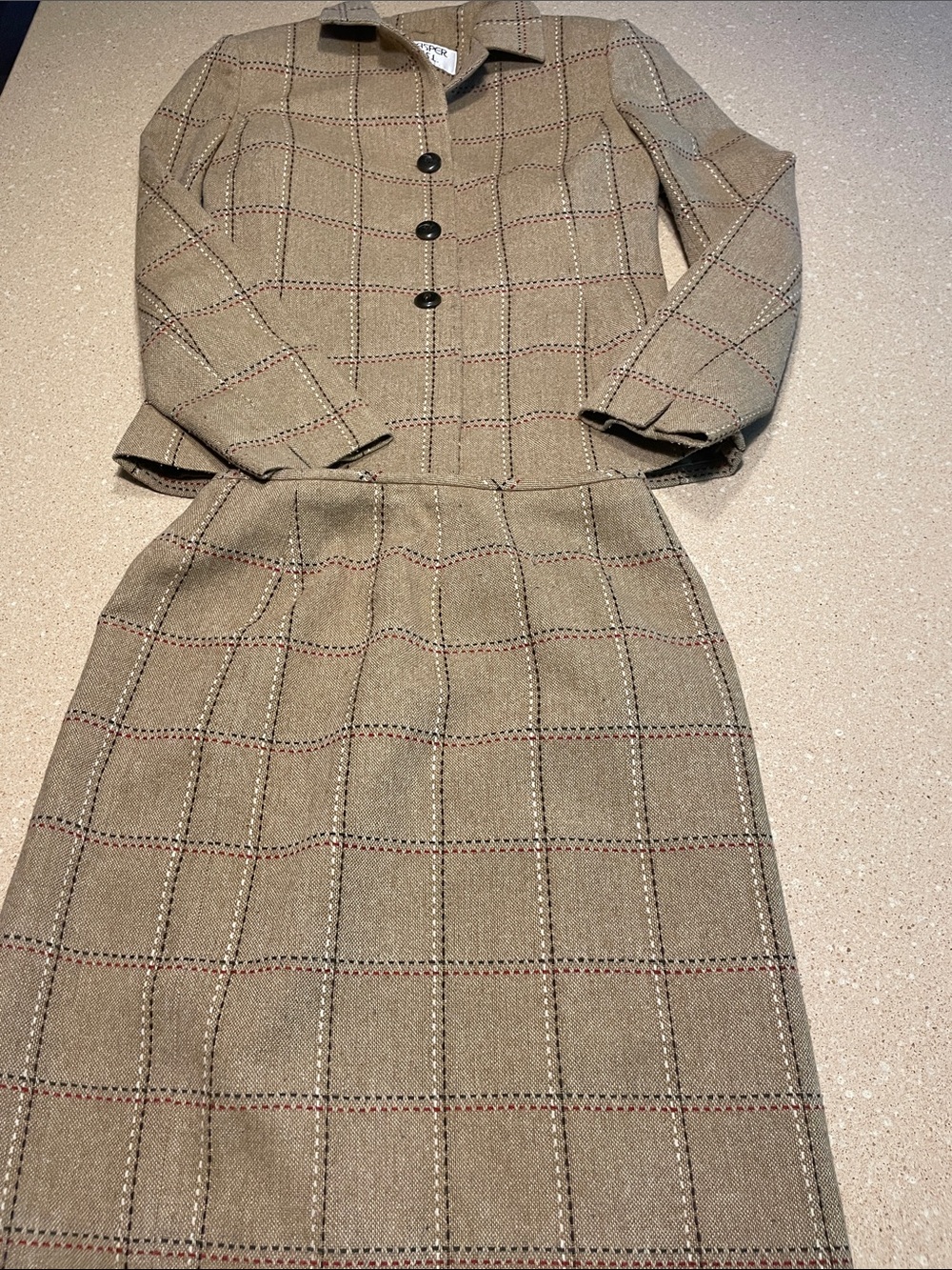 Kasper Taupe Plaid Long-Sleeve Two-Piece Suit with Subtle Red Accents